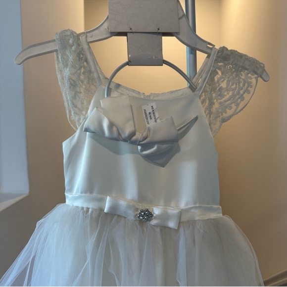 Biscotti Flower Girl White Dress with Lace Shoulders & Matching Bow Headband - Picture 9 of 14